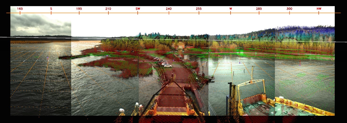 Sensor fusion combining GNSS, IMU, visual camera array, radar, Lidar, and map data. 